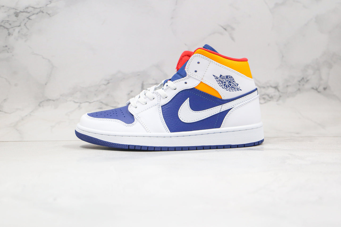 Jordan 1 Mid White Laser Orange Deep Royal Blue 